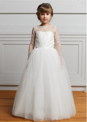 Long Sleeves Ivory Sequined Tulle Wedding Flower Girl Dress